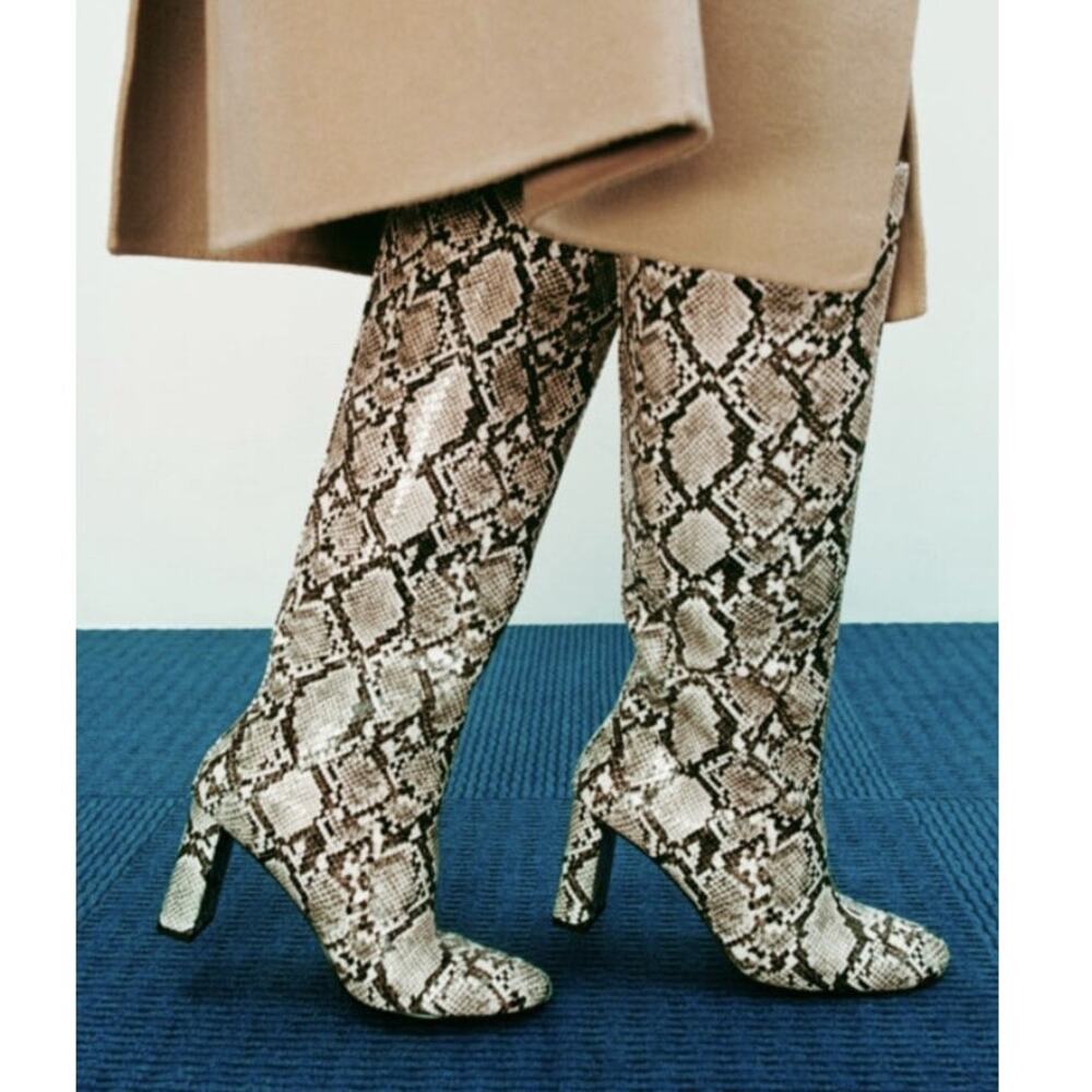 ZARA Snakeskin Print Knee High Block Heel Boots EU 40 US 9